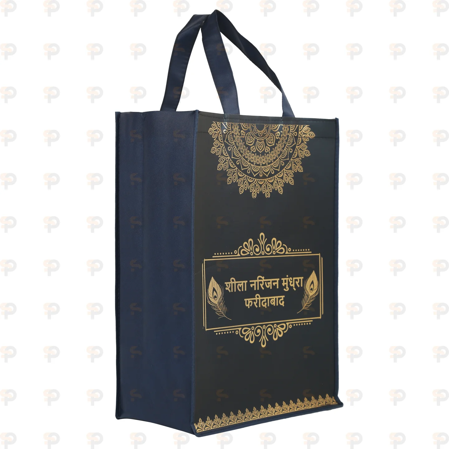 Sheela Narayan Mundhra Navy Blue Laminated Non-Woven Bag with Golden Mandala Design
