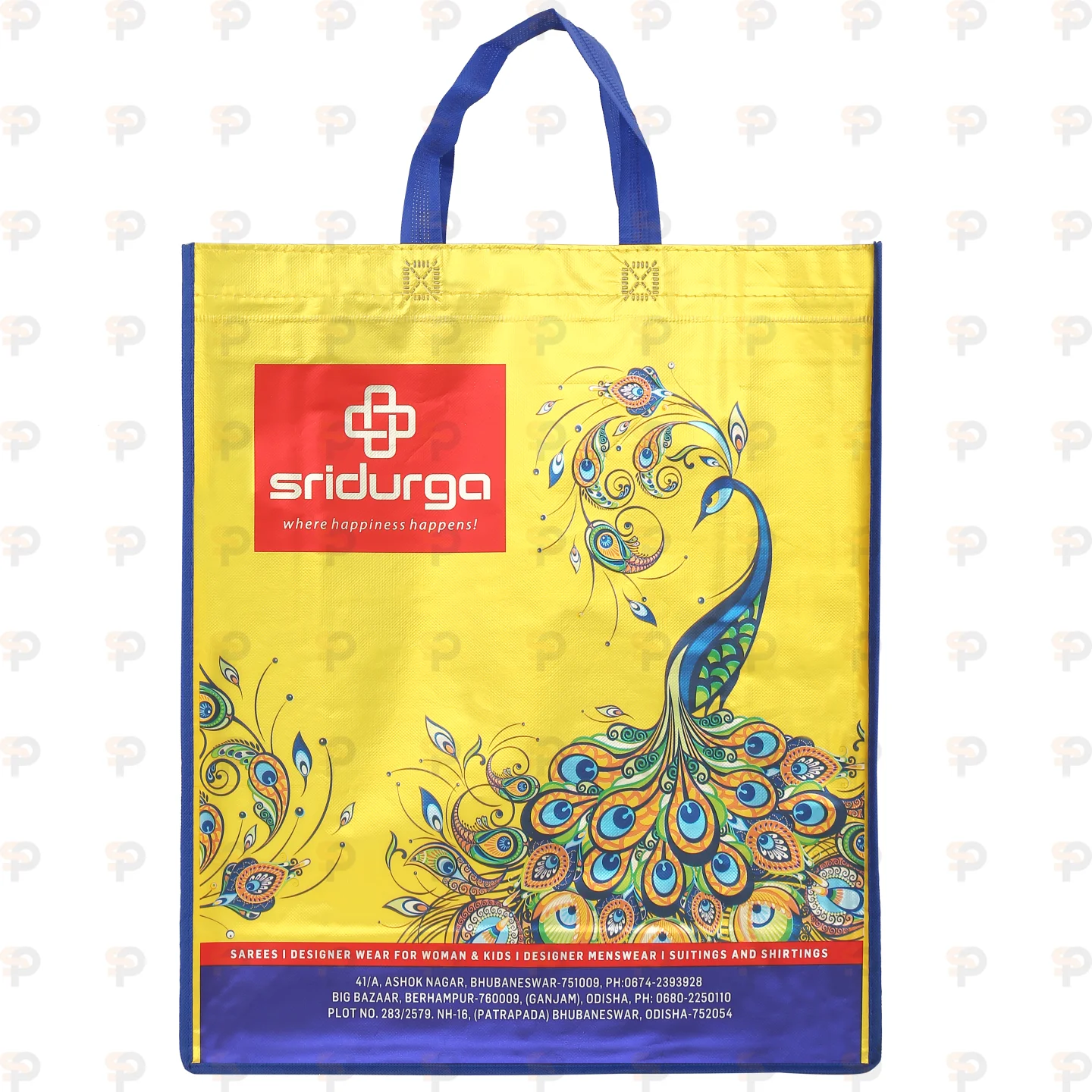 Sridurga Yellow Laminated Designer Shopping Bag with Peacock Print
