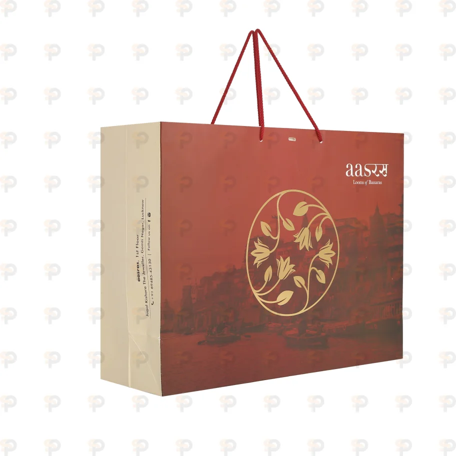 Luxury Exhibition Paper Bag – Red & Beige with Rope Handle for Events and Gifting