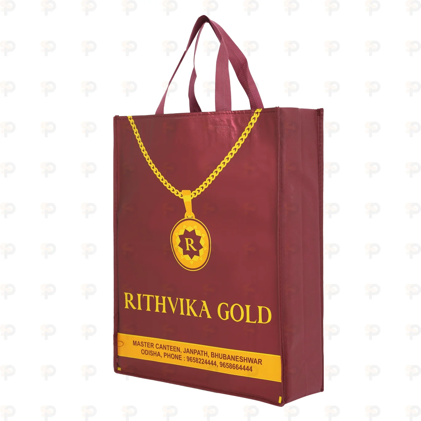 Rithvika Gold Maroon Laminated Non-Woven Jewellery Bag with Pendant Design