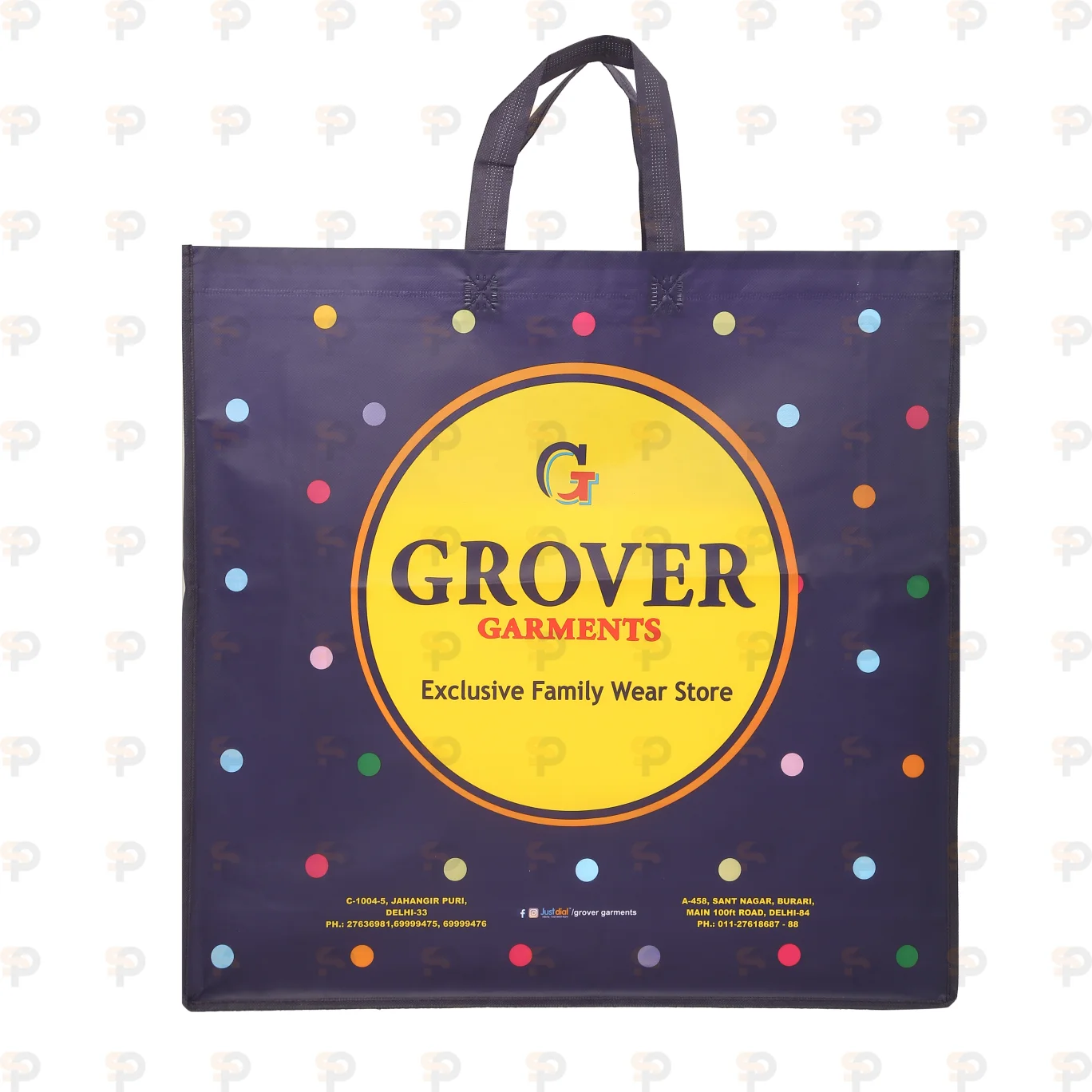 Grover Garments Navy Blue Laminated Shopping Bag with Polka Dot Design