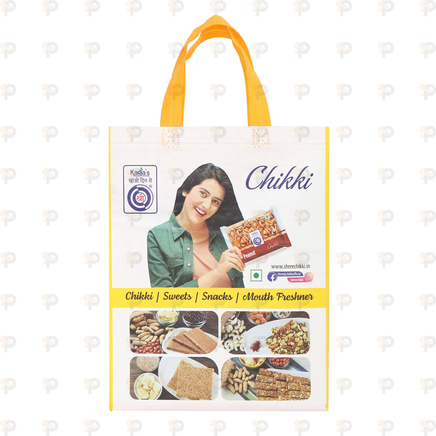 Karia's Printed Non-Woven Shopping Bag with Woman Holding Chikki Image