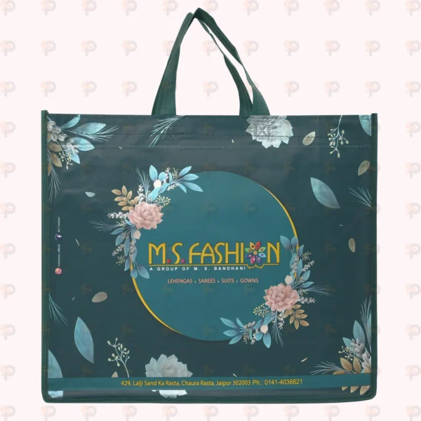 M.S. Fashion Teal Green Laminated Floral Shopping Bag