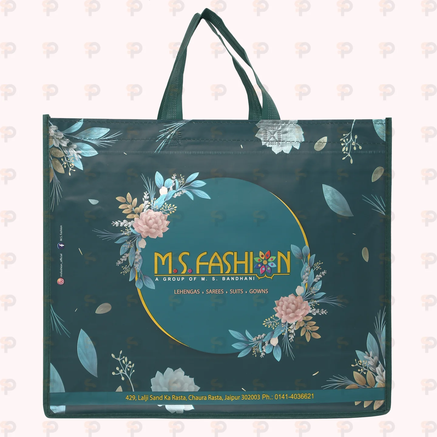 M.S. Fashion Teal Green Laminated Floral Shopping Bag