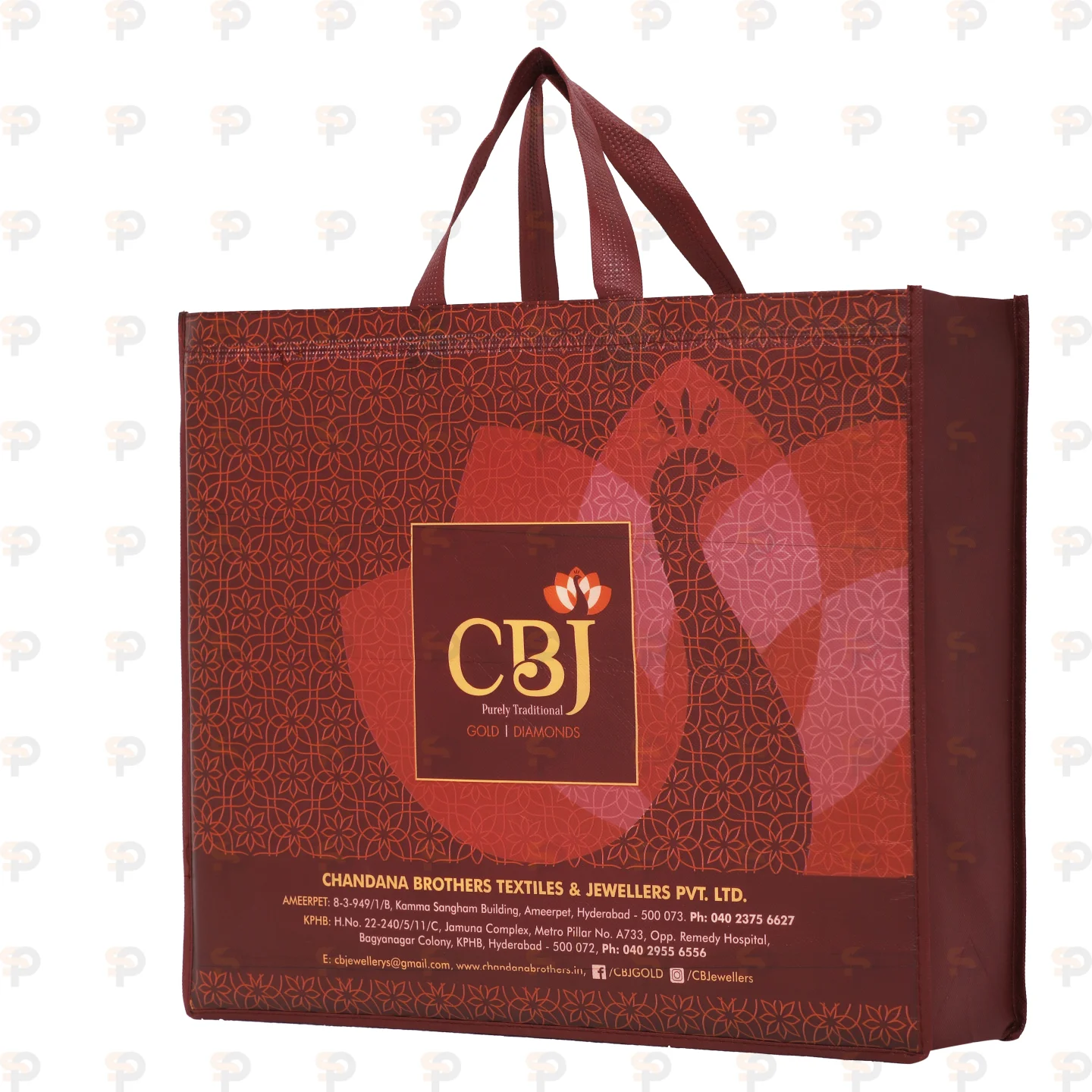 CBJ Maroon Laminated Non-Woven Bag with Peacock Motif for Jewellery Packaging