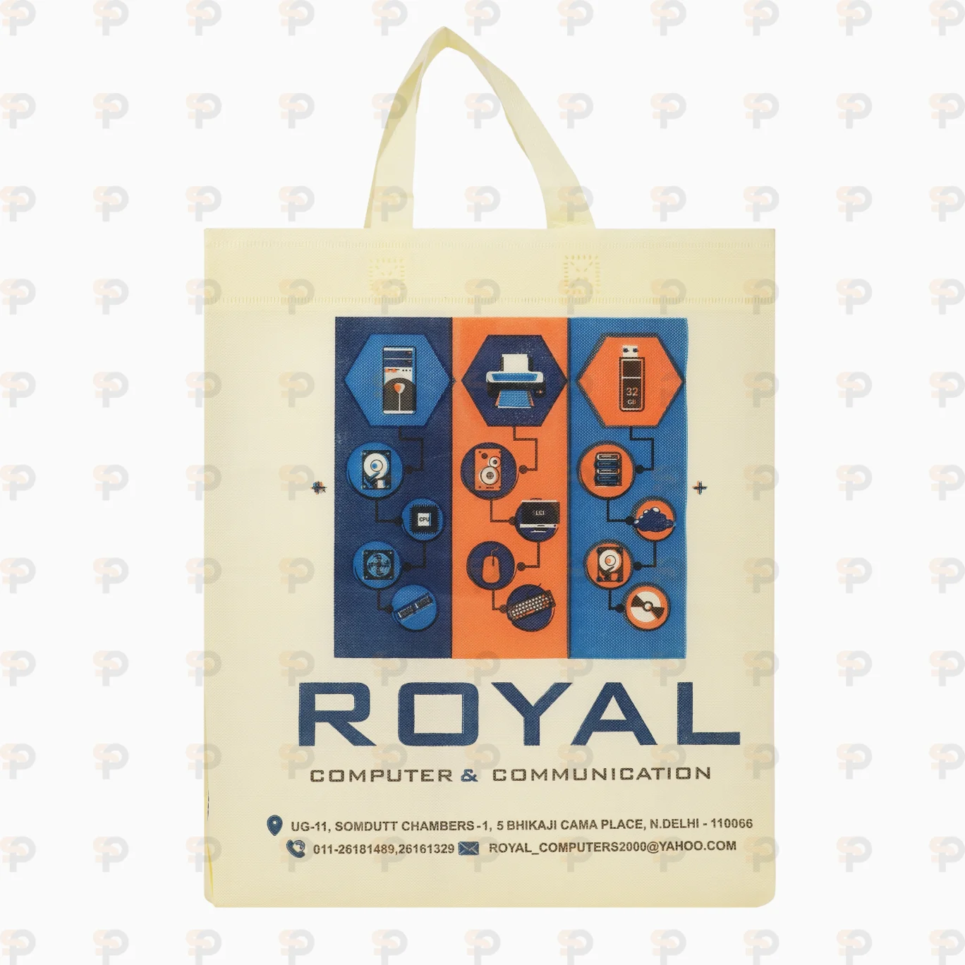 Royal Computer & Communication Non-Woven Shopping Bag - Cream with Blue and Orange Design